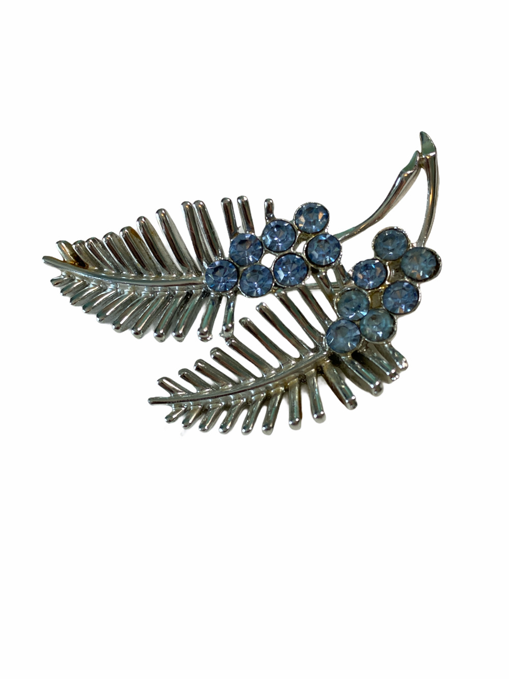 Vintage Cora Silver Tone Leaf Brooch Blue Rhinestones